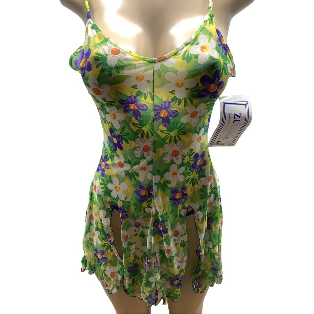 Zuliana Size Medium Mesh Multicolor Floral Front Slit Dress & Matching Thong.New